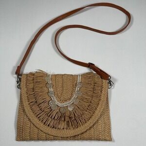 Woven Raffia Crossbody‎ Clutch Bag with Coin Embellishment Summer Boho